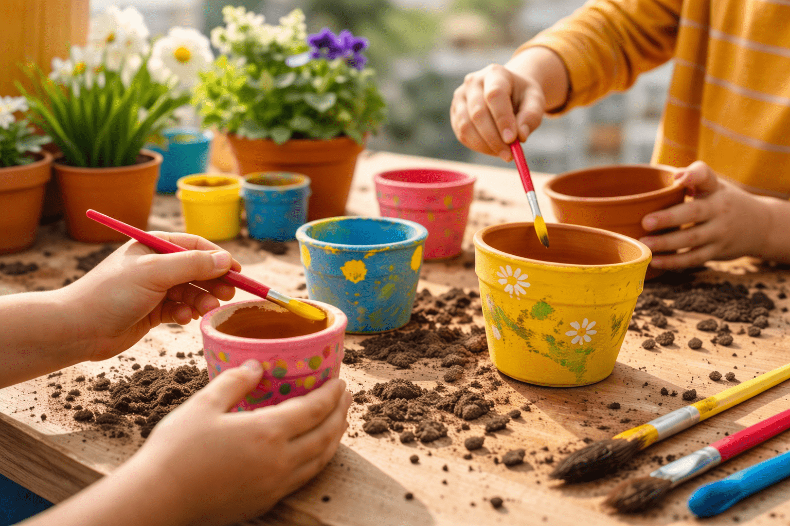Dzieci malujące doniczki - Wiosenny Dzień Otwarty